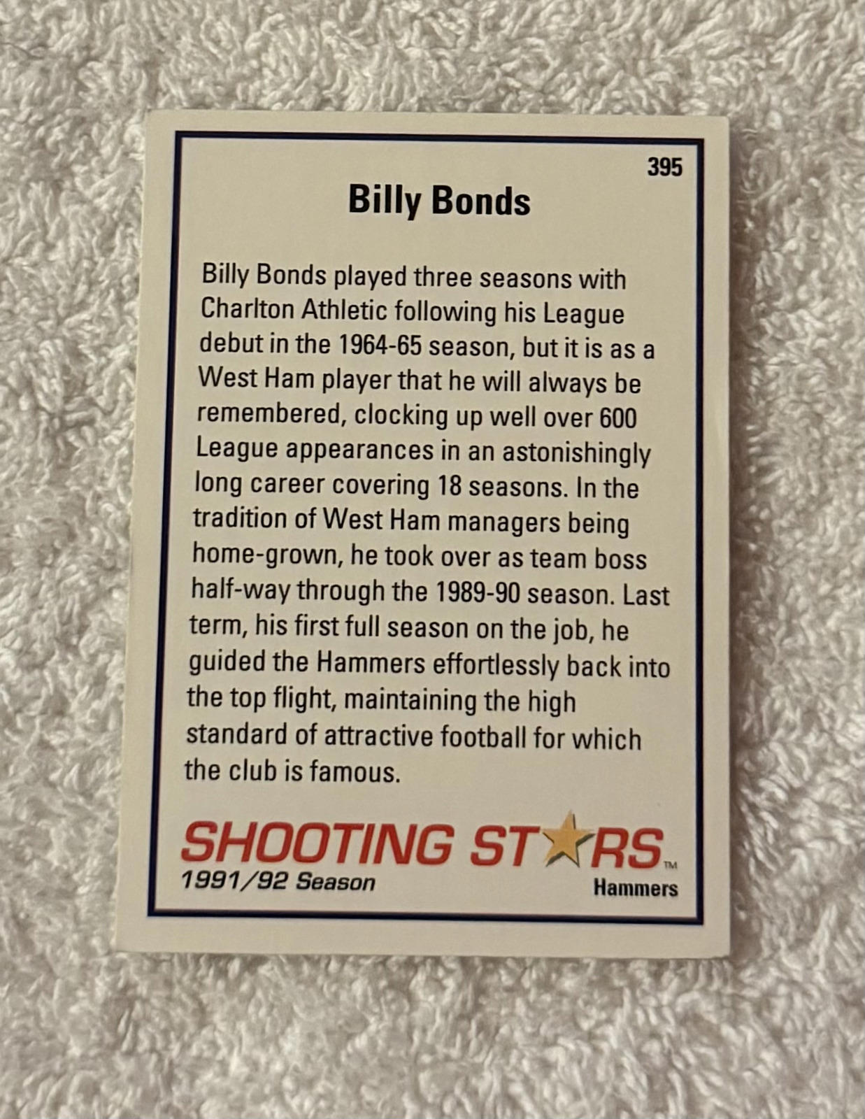 Shooting Stars Football trading cards '91-'92 "Billy Bonds" #395