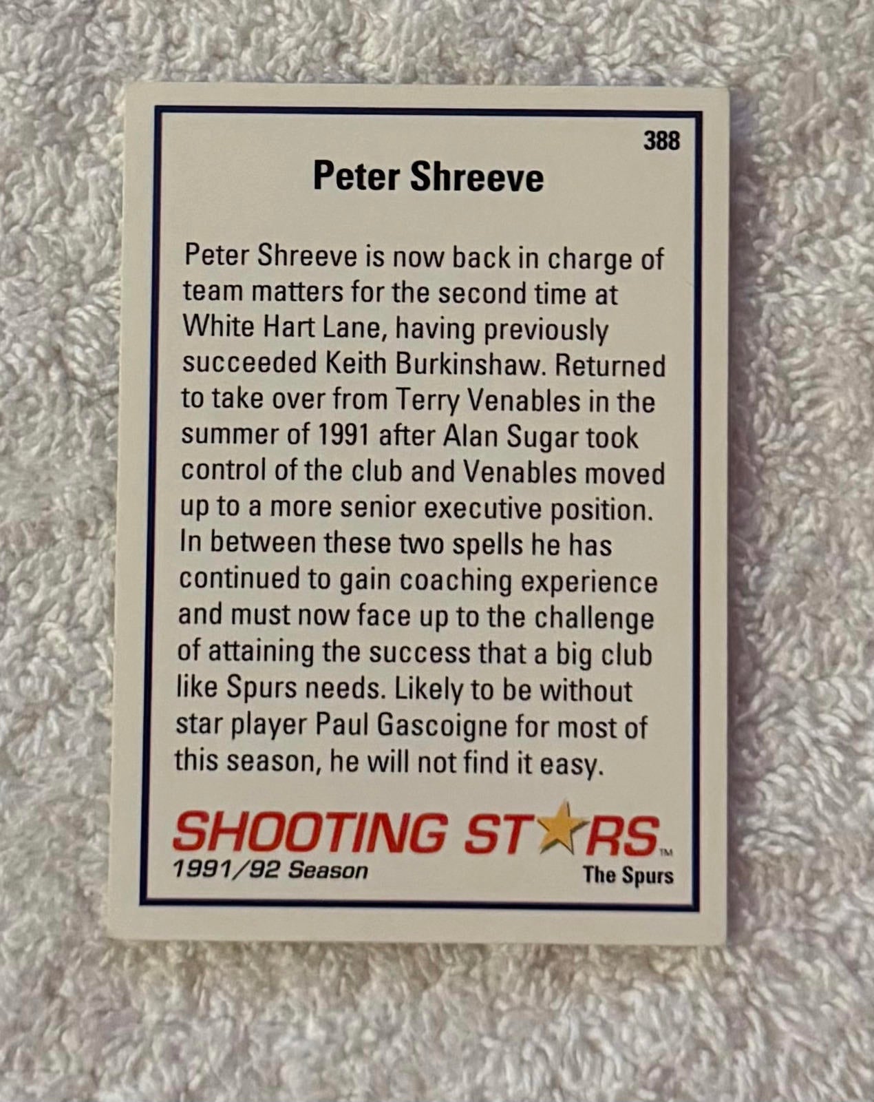 Shooting Stars Football trading cards '91-'92 "Peter Shreeve" #388