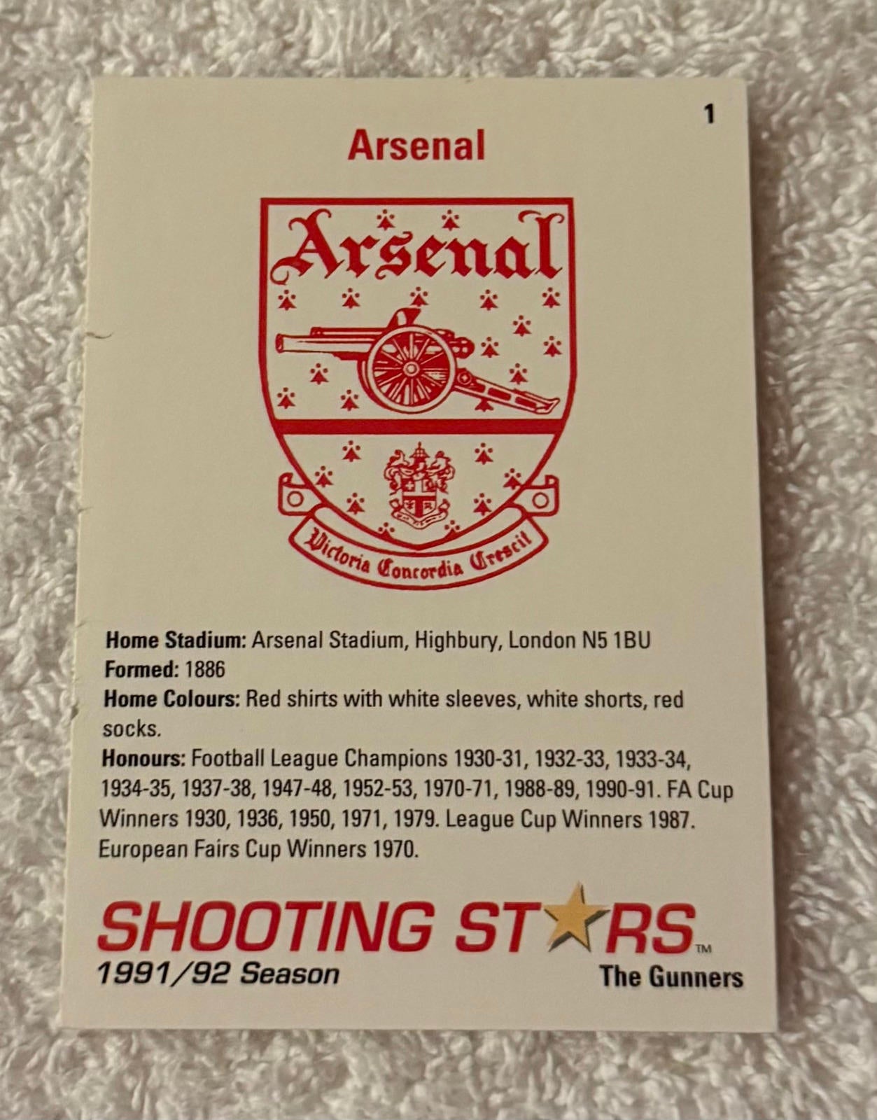 Shooting Stars Football trading cards '91-'92 "Arsenal Team" #1
