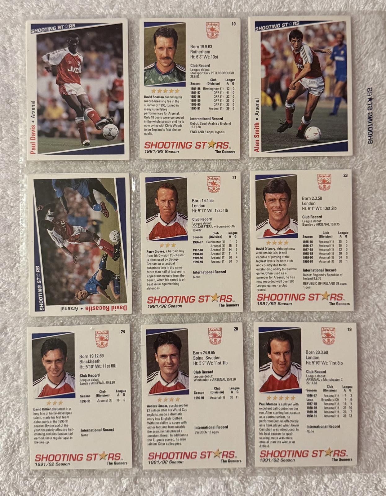Shooting Stars Football trading cards '91-'92 "Various Arsenal players"