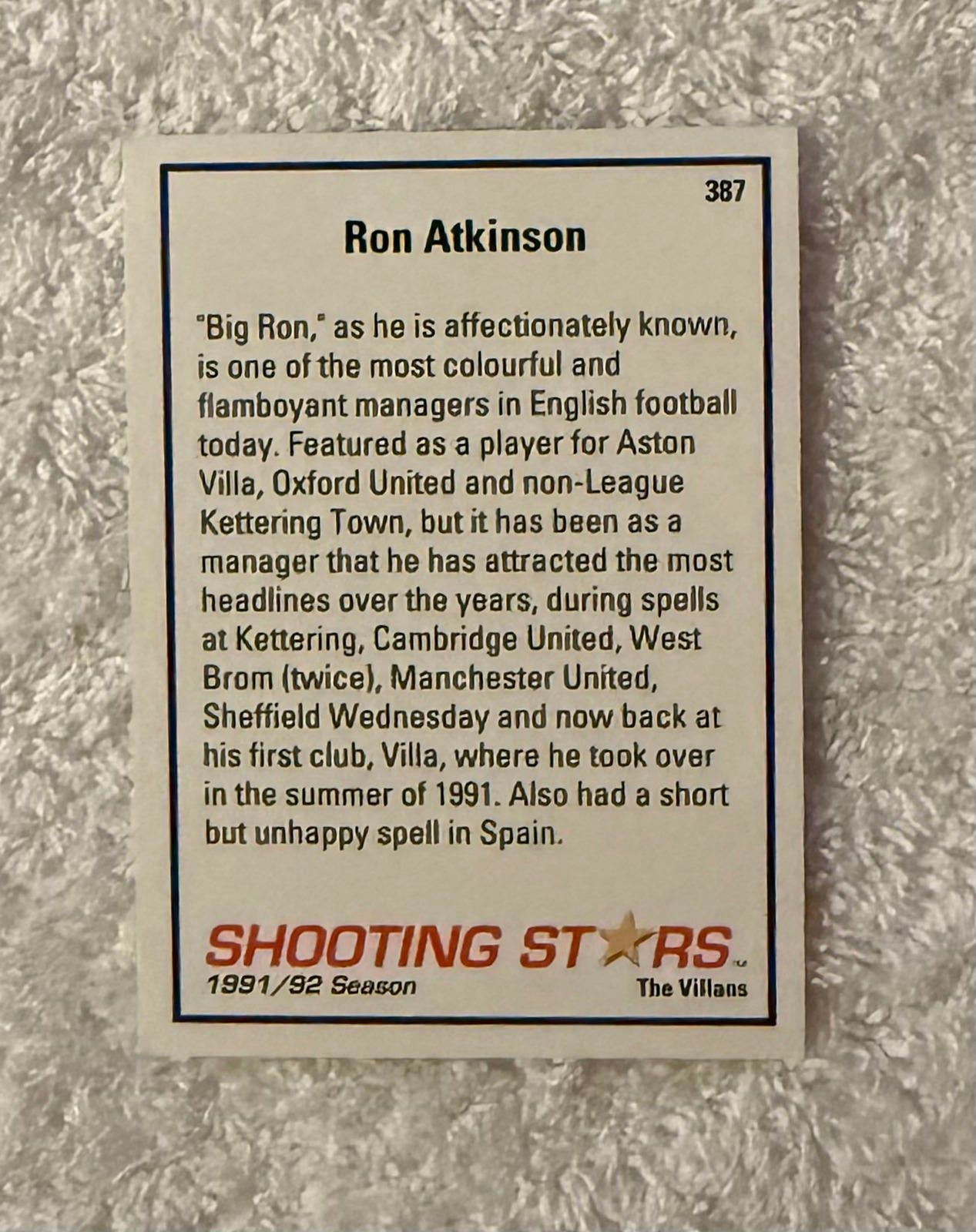 Shooting Stars Football trading cards '91-'92 "Ron Atkinson" #387