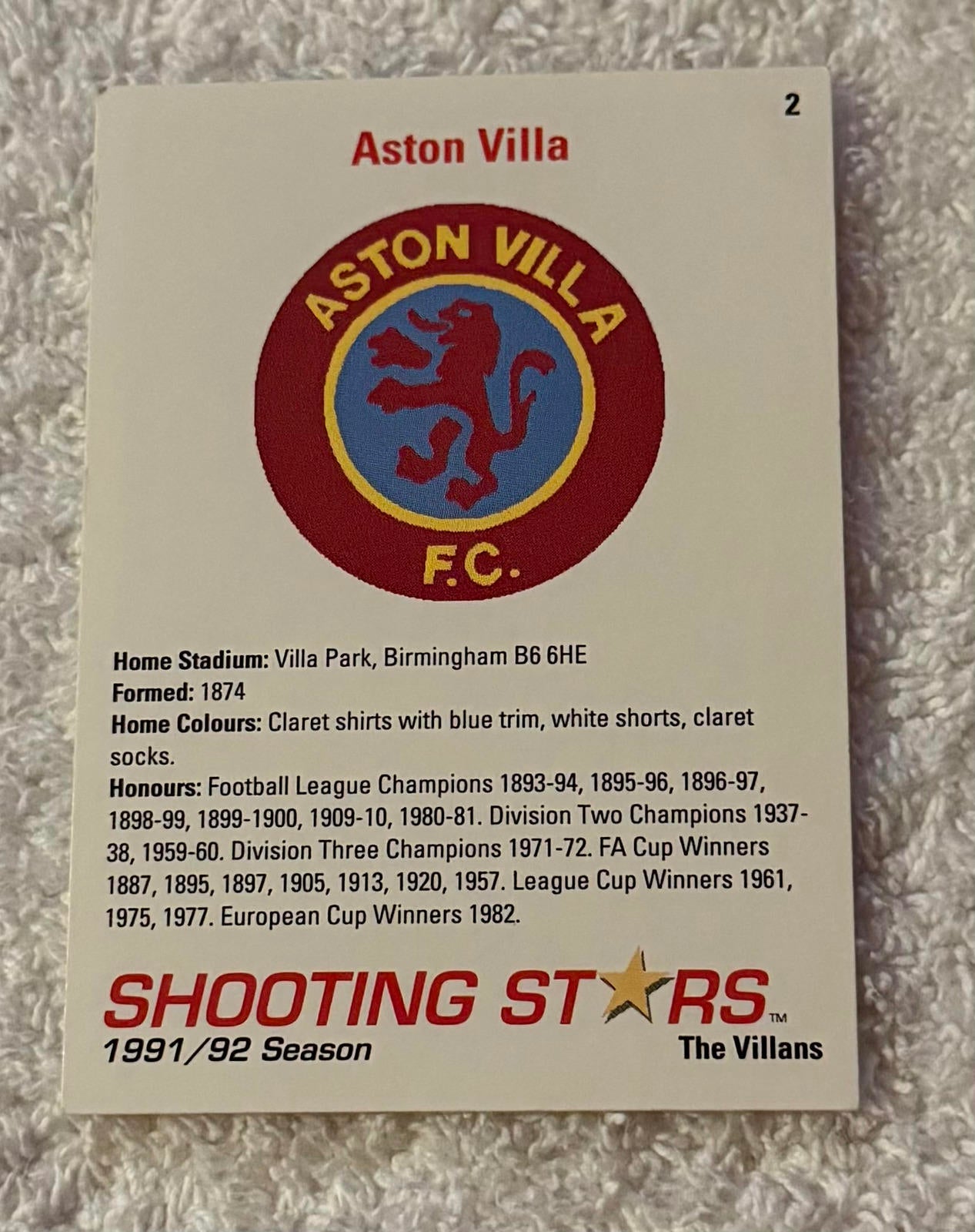 Shooting Stars Football trading cards '91-'92 "Aston Villa" #2
